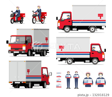 郵便、郵便配達、郵便車両、郵便トラック、オートバイ、スタッフ、セット 132018129