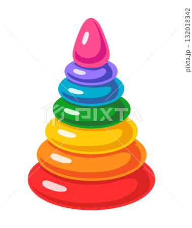 Cute rainbow pyramid made of colorful rings, bright baby toy clip art in cartoon style. Educational stacking toy for children, vector illustration isolated on white background. Cute rainbow pyramid made of colorful rings, bright baby toy clip art in cartoon style. Educational stacking toy for children, vector illustration isolated on white background. 132018342