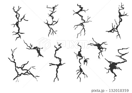 Crack wall, ground texture breaks on land surface. Ground fissure line sketch set. Crash fracture, land damage, earthquake 132018359