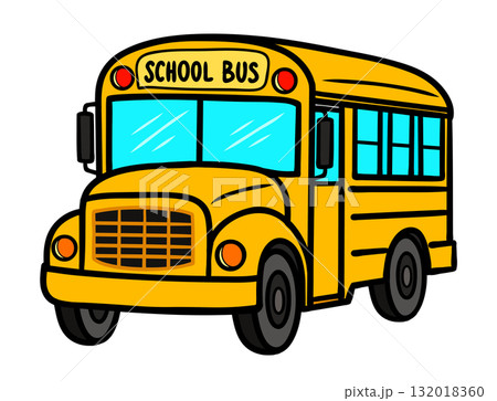 Cute yellow school bus in cartoon style. Vector doodle clip art vehicle for kids education. 132018360