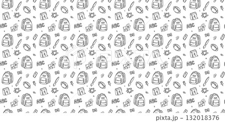 Seamless pattern with school supplies on a white background. Cute doodle vector illustration in outline style for back to school designs, notebooks, wrapping paper and educational projects. Seamless pattern with school supplies on a white background. Cute doodle vector illustration in outline style for back to school designs, notebooks, wrapping paper and educational projects. 132018376