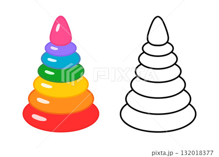 Colorful pyramid stacking toy with an additional black and white outline version for coloring. Educational clip art for kids in vector style, perfect for learning and creative activities. 132018377