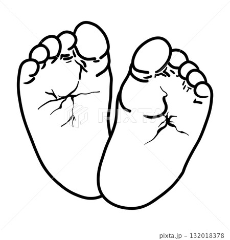 Baby feet icon symbolizing tenderness and care. Outline vector illustration created in a hand drawn  132018378