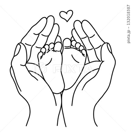 Human hands gently holding baby feet, symbolizing warmth, love and family connection. Hand drawn 132018387