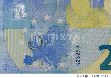 Details of the new blue twenty euro banknote of the European Union , part of the genuine 20 euro Details of the new blue twenty euro banknote of the European Union , part of the genuine 20 euro 132018413
