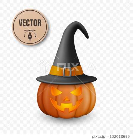 Vector 3d Halloween Pumpkin Jack O Lantern with Witch Hat Icon. Spooky Halloween Pumpkin, Smiling Jack OLantern. Holiday Symbol for Party, Decoration, Poster, Invite, Sticker 132018659