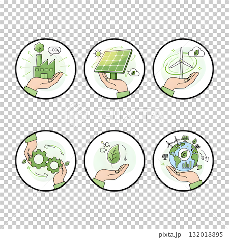 Climate change illustration set. Characters hands holding planet earth, electric car, leaf and other objects as metaphor for green energy, transportation and sustainability. illustration design. 132018895