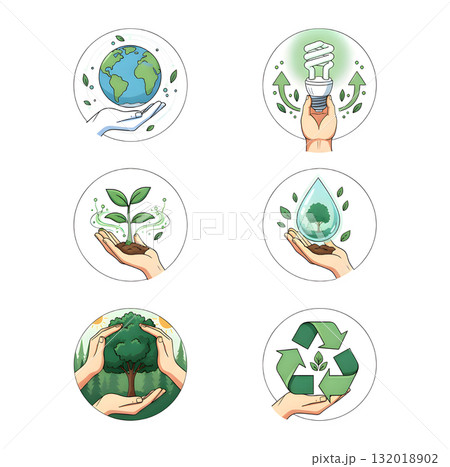 Climate change illustration set. Characters hands holding planet earth, electric car, leaf and other objects as metaphor for green energy, transportation and sustainability. illustration design. 132018902