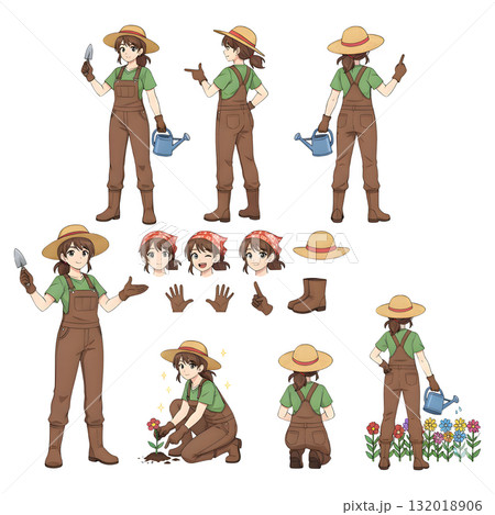 Farmer or gardener worker wearing uniform holding garden tool and watering can. Character for animation. illustration design. 132018906