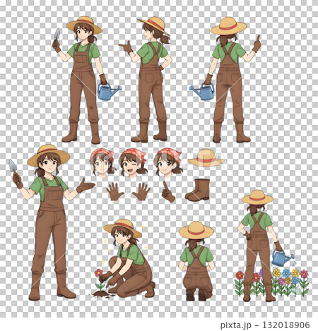 Farmer or gardener worker wearing uniform holding garden tool and watering can. Character for animation. illustration design. 132018906
