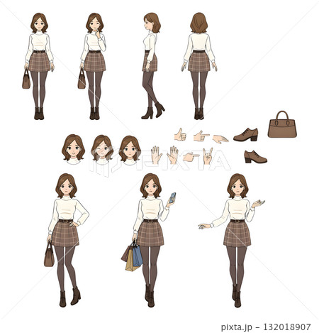 Young fashionable woman wearing stylish clothes and holding bag. Character constructor for animation. illustration design. 132018907