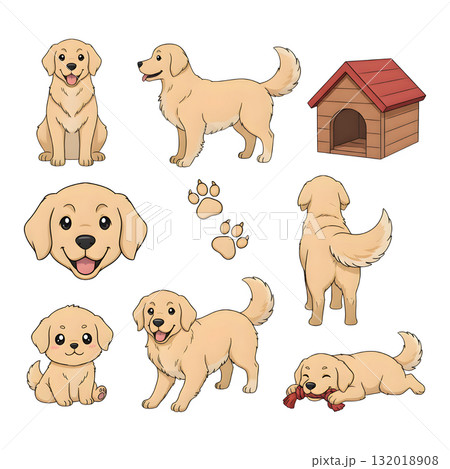 Set of dog characters. Golden, Watercolour illustration design. 132018908