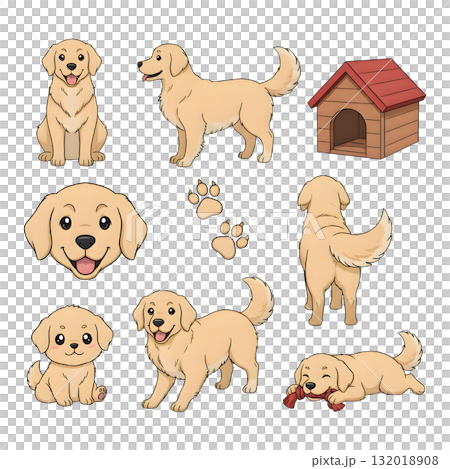 Set of dog characters. Golden, Watercolour illustration design. 132018908