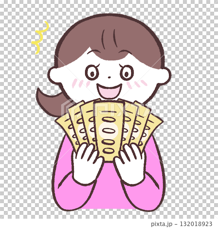 一位對金錢感到滿意的女人的插圖 一位對金錢感到滿意的女人的插圖 132018923