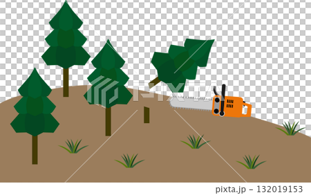 チェーンソーで森林伐採するシンプルなイラスト チェーンソーで森林伐採するシンプルなイラスト 132019153