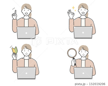 パソコンを操作する若い女性のイラストセット 132019206