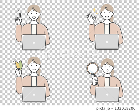 パソコンを操作する若い女性のイラストセット 132019206