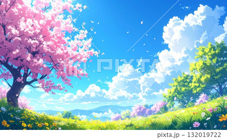 桜と青空と春を感じる野花のイラスト　AI生成素材 132019722