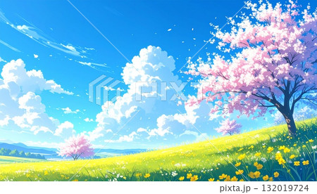 桜と青空と春を感じる野花のイラスト AI生成素材 桜と青空と春を感じる野花のイラスト AI生成素材 132019724