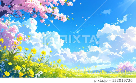 桜と青空と春を感じる野花のイラスト　AI生成素材 132019726