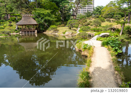 Traditional bridges in Shukkei-en Japanese garden in Hiroshima, Japan 132019803