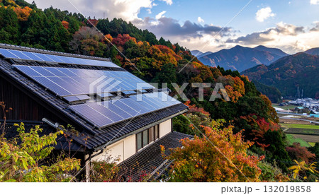 ソーラーパネルが設置された住宅の屋根（AI生成画像） 132019858