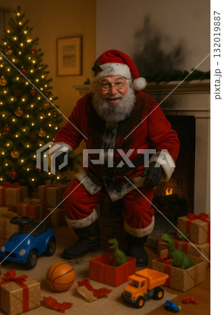 Santa Claus standing near fireplace dirty with soot on suit Santa Claus standing near fireplace dirty with soot on suit 132019887