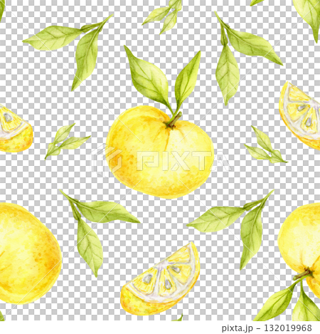 Botanical layout of yellow yuzu fruits and green leaves created as watercolor clipart, hand drawn seamless pattern. Excellent for textile design, kitchen wallpapers, product packaging and wrapping. Botanical layout of yellow yuzu fruits and green leaves created as watercolor clipart, hand drawn seamless pattern. Excellent for textile design, kitchen wallpapers, product packaging and wrapping. 132019968