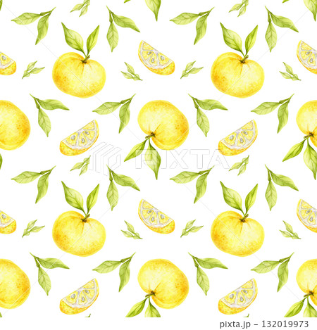 Pattern of yellow yuzu citrus fruits with green leaves painted as watercolor clipart, hand drawn seamless botanical design. Great for wallpapers, product labels, textile prints and eco-packaging. Pattern of yellow yuzu citrus fruits with green leaves painted as watercolor clipart, hand drawn seamless botanical design. Great for wallpapers, product labels, textile prints and eco-packaging. 132019973