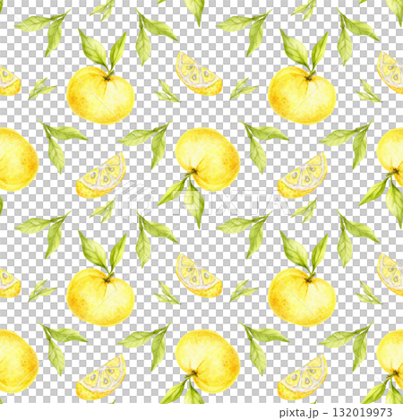 Pattern of yellow yuzu citrus fruits with green leaves painted as watercolor clipart, hand drawn seamless botanical design. Great for wallpapers, product labels, textile prints and eco-packaging. Pattern of yellow yuzu citrus fruits with green leaves painted as watercolor clipart, hand drawn seamless botanical design. Great for wallpapers, product labels, textile prints and eco-packaging. 132019973