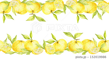 Yellow yuzu fruits with bright green leaves arranged in a decorative border painted as watercolor clipart, hand drawn design. Works well for packaging, textiles, kitchen stationery and wrapping. Yellow yuzu fruits with bright green leaves arranged in a decorative border painted as watercolor clipart, hand drawn design. Works well for packaging, textiles, kitchen stationery and wrapping. 132019986