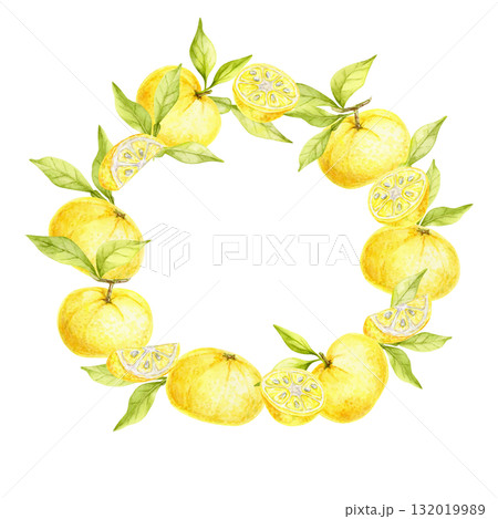Round wreath of yellow yuzu citrus with green foliage painted as watercolor clipart, hand drawn botanical frame. Perfect for kitchen textiles, drink labels, wrapping paper and invitation design. 132019989