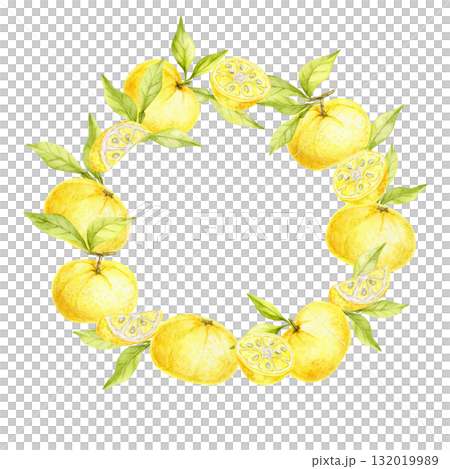 Round wreath of yellow yuzu citrus with green foliage painted as watercolor clipart, hand drawn botanical frame. Perfect for kitchen textiles, drink labels, wrapping paper and invitation design. 132019989