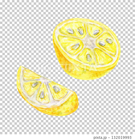 Halved and sliced yellow yuzu citrus with seeds in watercolor clipart, hand drawn fruit illustration for labels, cookbooks, digital scrapbooking, fabric patterns, packaging design and stationery. 132019993