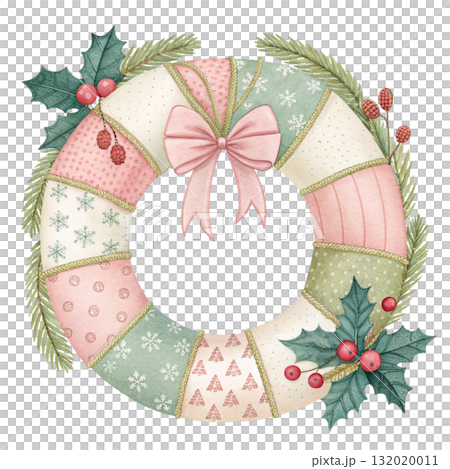 Patchwork Christmas Wreath Clipart White Background 132020011