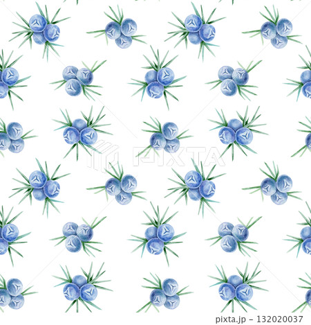 Blue juniper berries with thin green needles repeat across this hand drawn watercolor clipart seamless pattern. Ideal for eco packaging, wrapping paper, scrapbook pages and fabric printing. 132020037