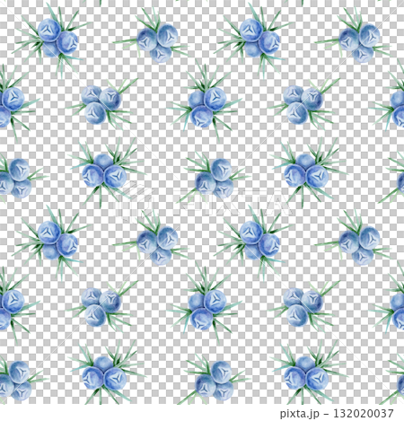Blue juniper berries with thin green needles repeat across this hand drawn watercolor clipart seamless pattern. Ideal for eco packaging, wrapping paper, scrapbook pages and fabric printing. 132020037