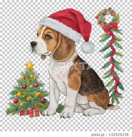 Patchwork Style Dogs Santa Hat Cristmas Day Clipart White Background 132020236