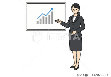 プレゼンボードを指し示すビジネスウーマン（全身・シンプルカラー） 132020293