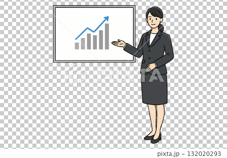 プレゼンボードを指し示すビジネスウーマン（全身・シンプルカラー） 132020293