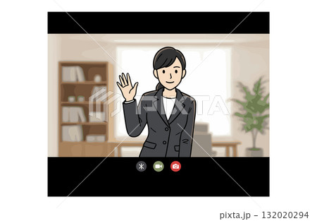 オンライン会議で手を振るビジネスウーマン（上半身・シンプルカラー） 132020294