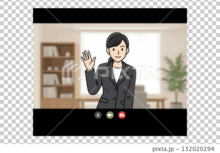 オンライン会議で手を振るビジネスウーマン（上半身・シンプルカラー） 132020294