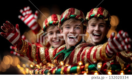 Boys smiling and waving in festive elf costumes, enjoying a Christmas parade with sparkling lights and holiday cheer, spreading joy and celebration 132020334