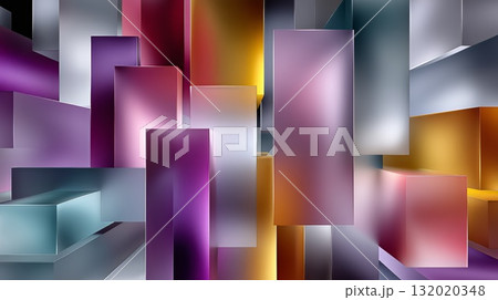 Abstract geometric pattern showing a dynamic arrangement of translucent blocks and cubes in varying sizes and colors, creating a modern and futuristic digital background 132020348