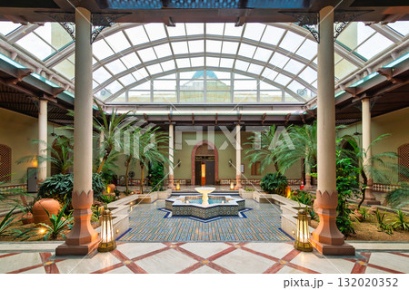 Ash Shaliheen Mosque interior courtyard with fountain and glass roof, Bandar Seri Begawan, Brunei Darussalam. 132020352