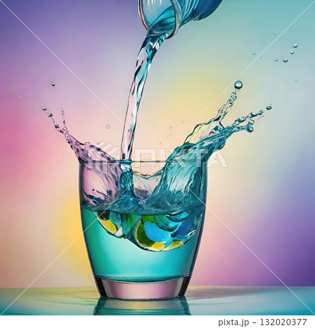 Dynamic Water Splash in Glass on Colorful Background. Dynamic Water Splash in Glass on Colorful Background. 132020377