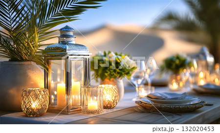 Intimate desert dining setup with candles, lantern and fresh flowers on an elegant table beside soft focus sand dunes, evoking luxury, romance and serene evening ambiance 132020453