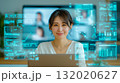 未来的なデジタルインターフェースでオンライン会議に参加する女性 132020627