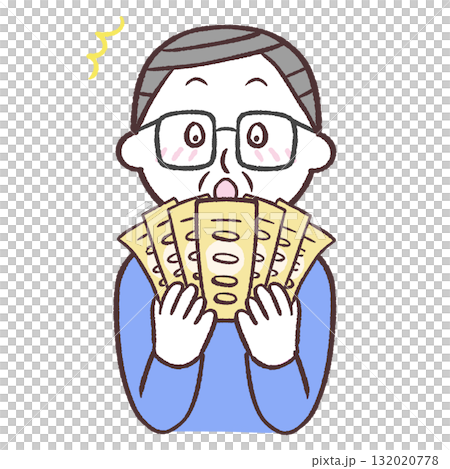 一位老人對一大筆錢感到驚訝的插圖 一位老人對一大筆錢感到驚訝的插圖 132020778