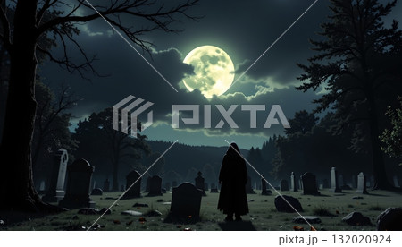 A serene nighttime scene in a graveyard, with a single figure standing alone amidst numerous gravestones 132020924